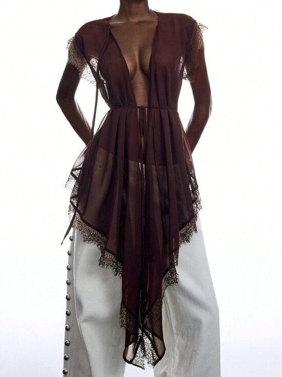 Tops - Coffee Brown Sexy Women's Lace Embroidered Tie-Up Asymmetrical Sheer Blouse